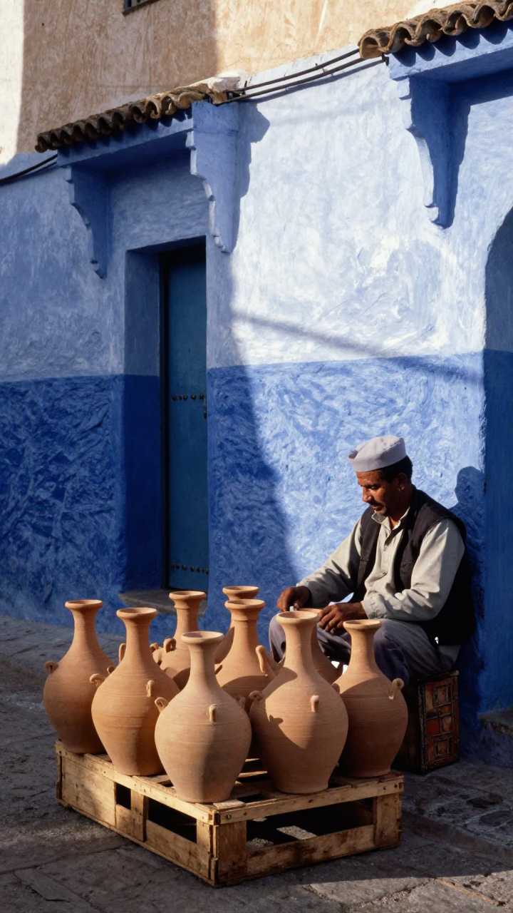 Essaouira Morocco Early Afternoon Street Scene with Stoneware Crocks and Local Life in in Essaouira, Morocco