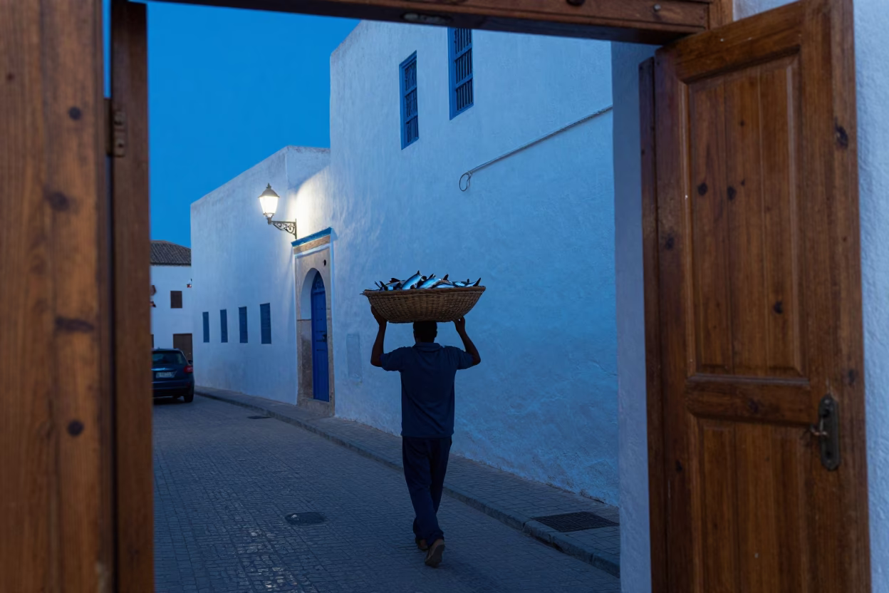 Essaouira Morocco Early Evening Blue Hour Street Scene with Wooden Shutters and Local Life in in Essaouira, Morocco