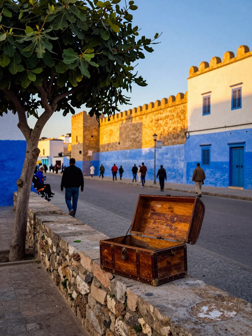 Essaouira Morocco Early Evening Colorful Street Scene with Hatbox and Fig Tree in in Essaouira, Morocco