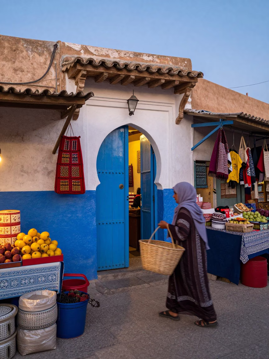 Essaouira Morocco Early Evening Street Scene with Local Market Details in in Essaouira, Morocco