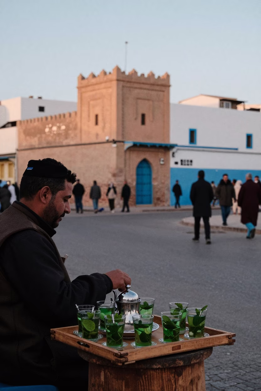 Essaouira Morocco Early Evening Street Scene with Traditional Tea Service and Local Interaction in in Essaouira, Morocco