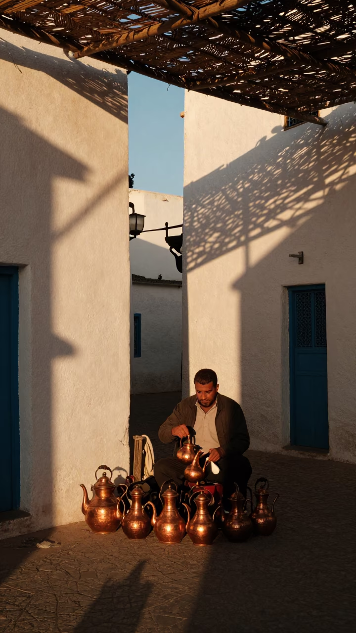 Essaouira Morocco Early Evening Street Scene with Wicker Shadows and Tea Kettles in in Essaouira, Morocco