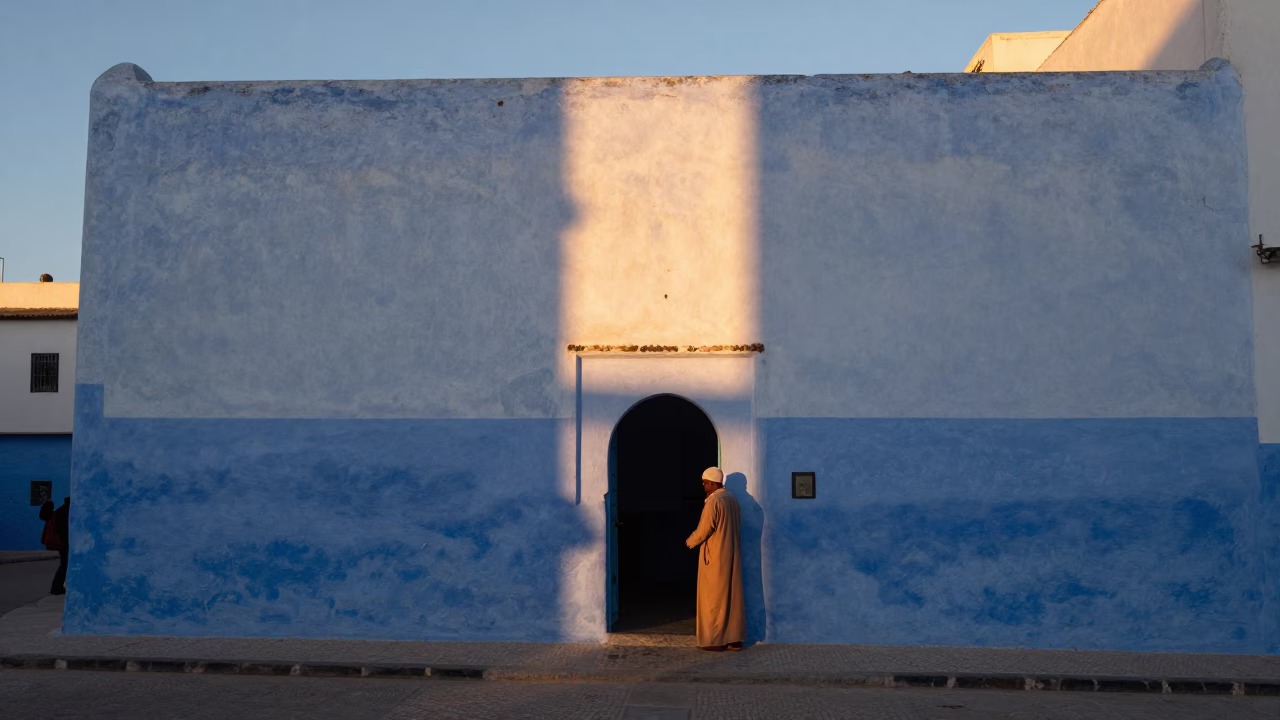 Essaouira Morocco Early Evening Sun Stripe Wall Local Interaction in in Essaouira, Morocco
