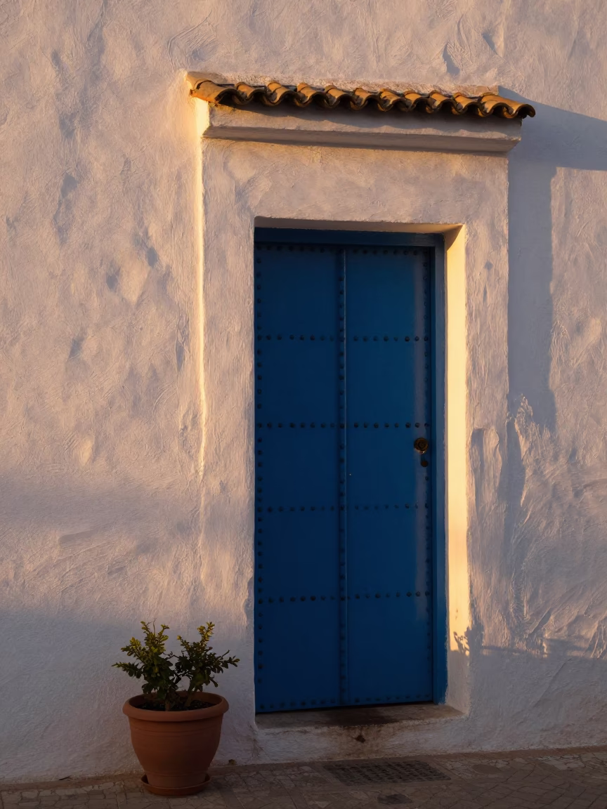 Essaouira Morocco Early Evening Sunlight Striking Blue Door and Potted Herbs in in Essaouira, Morocco