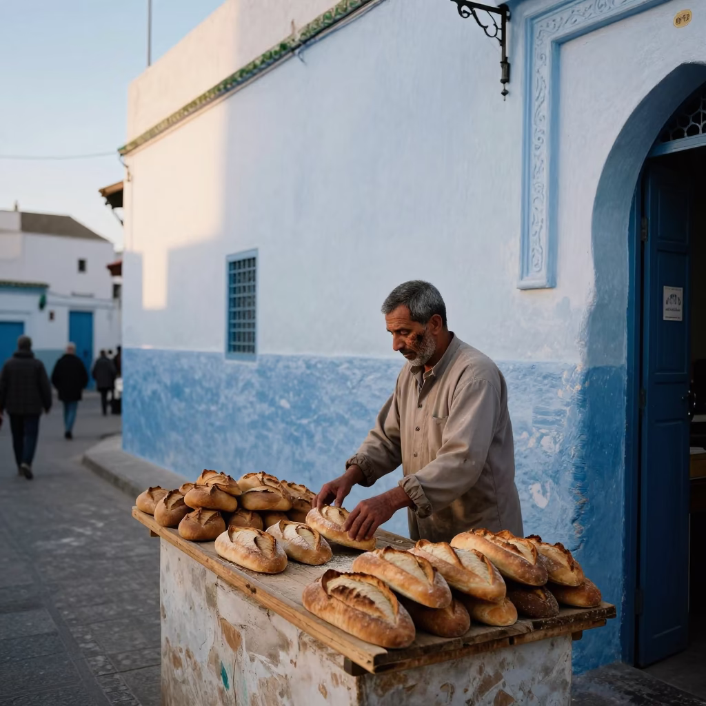Essaouira Morocco Early Morning Street Scene with Local Bakery Bread and Textile Dyer Indigo in in Essaouira, Morocco