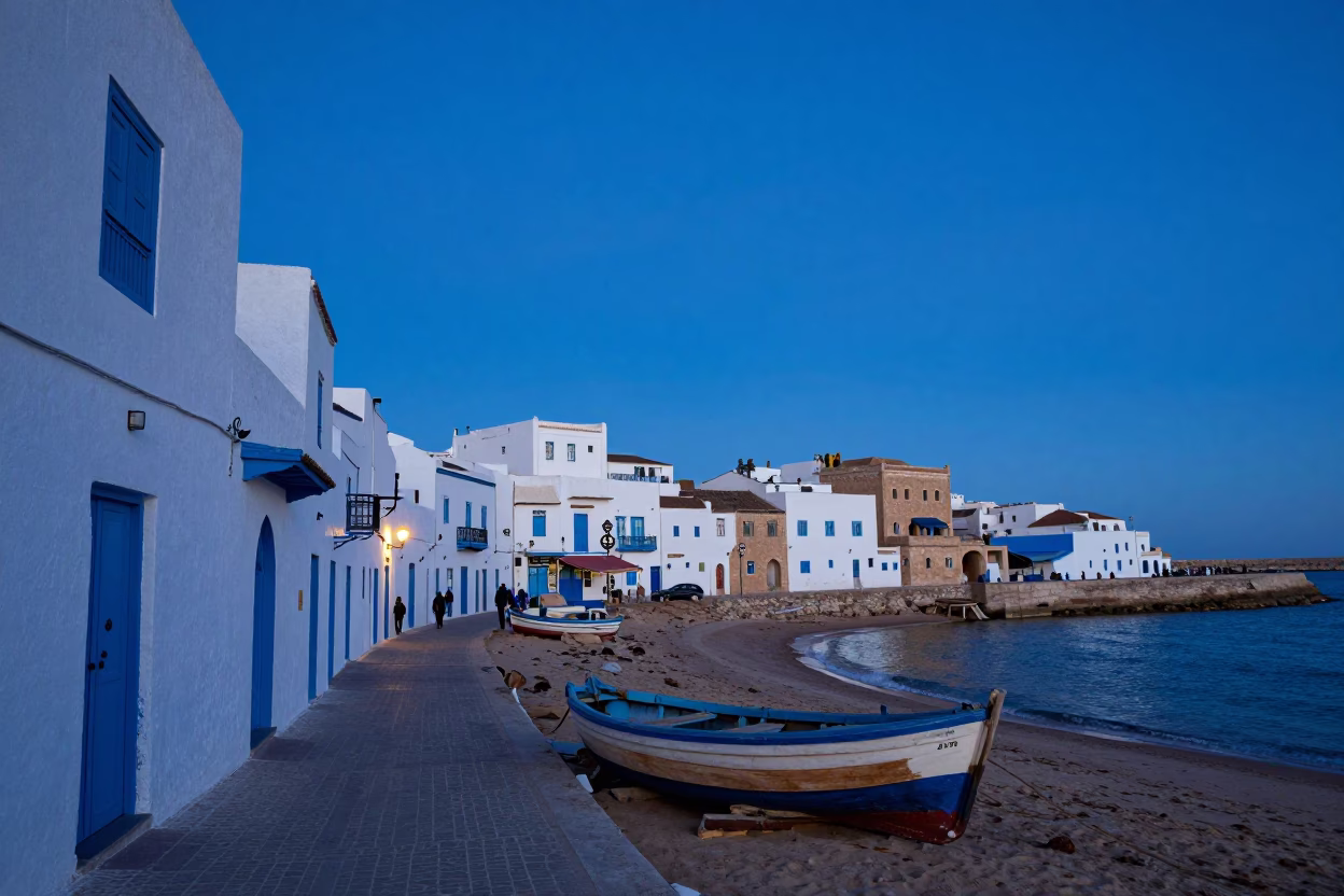 Essaouira Morocco Evening Blue Hour Coastal Street Scene with Local Life in in Essaouira, Morocco