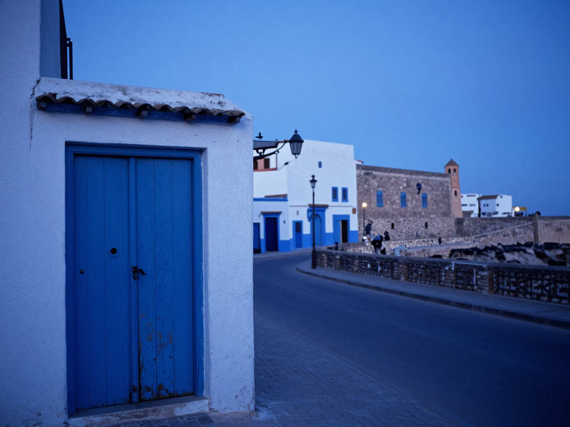 Essaouira Morocco Evening Blue Hour Street Life and Blue Doors in in Essaouira, Morocco