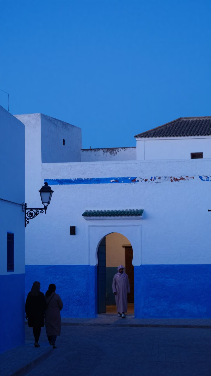 Essaouira Morocco Evening Blue Hour Street Scene with Local Life and Architecture in in Essaouira, Morocco