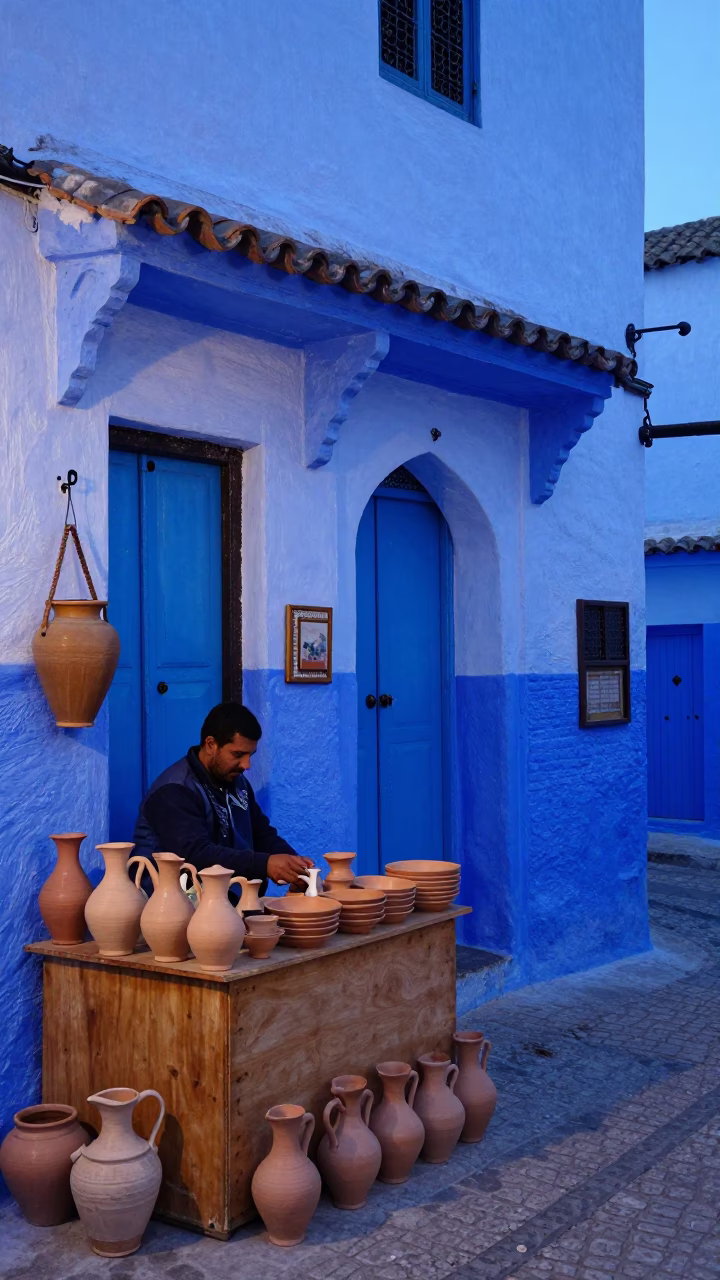 Essaouira Morocco Evening Blue Hour Street Scene with Traditional Pottery and Local Life in in Essaouira, Morocco