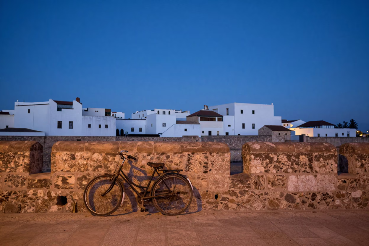 Essaouira Morocco Evening Horizon Shot with Bicycle and Stone Wall in in Essaouira, Morocco