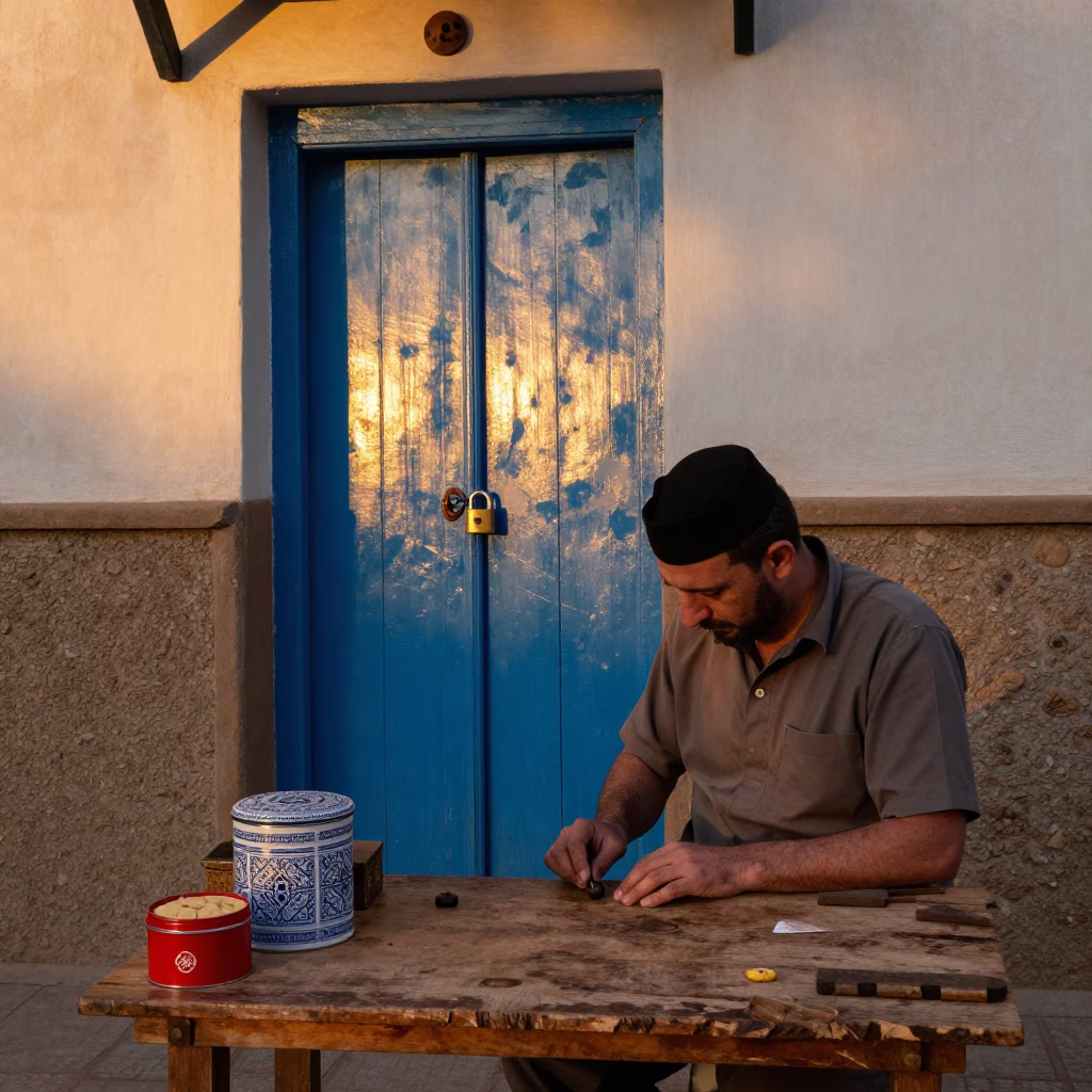 Essaouira Morocco Evening Light Artisan Workshop Padlock and Biscuit Tin in in Essaouira, Morocco