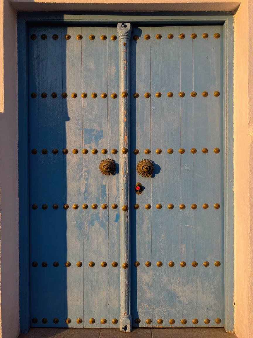 Essaouira Morocco Evening Light Blue Gate Wooden Door Brass Hardware Detail in in Essaouira, Morocco