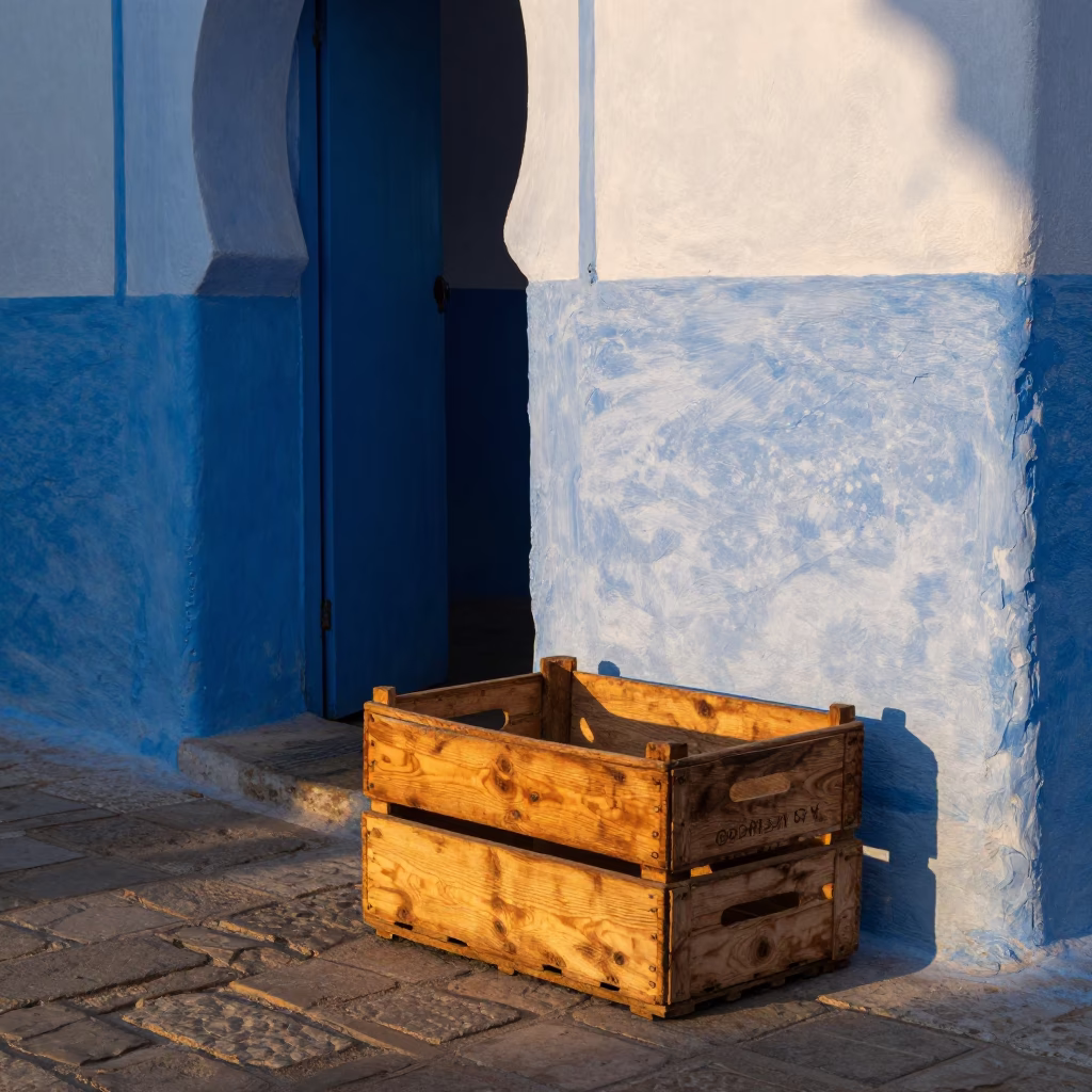 Essaouira Morocco Evening Light Blue Gateway and Wooden Fruit Crate Detail in in Essaouira, Morocco