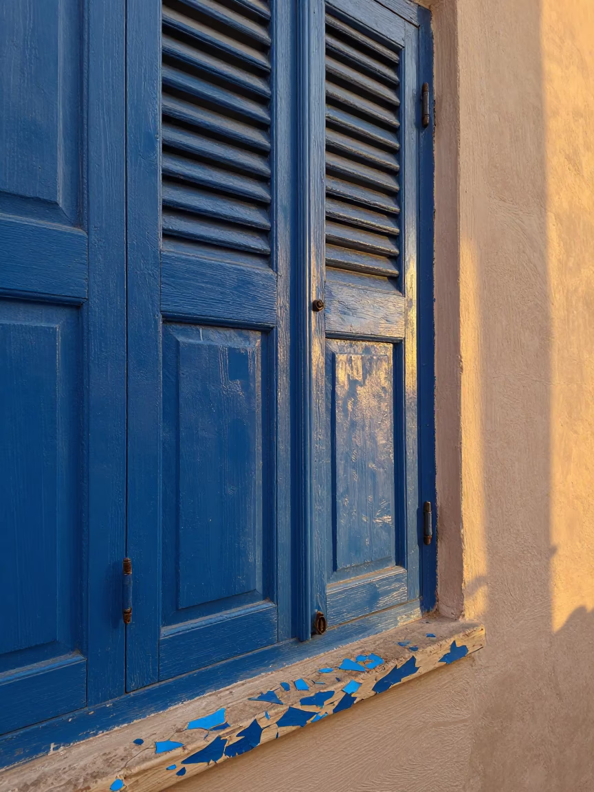 Essaouira Morocco Evening Light Blue Paint Flecks on Window Sill Coastal Scene in in Essaouira, Morocco