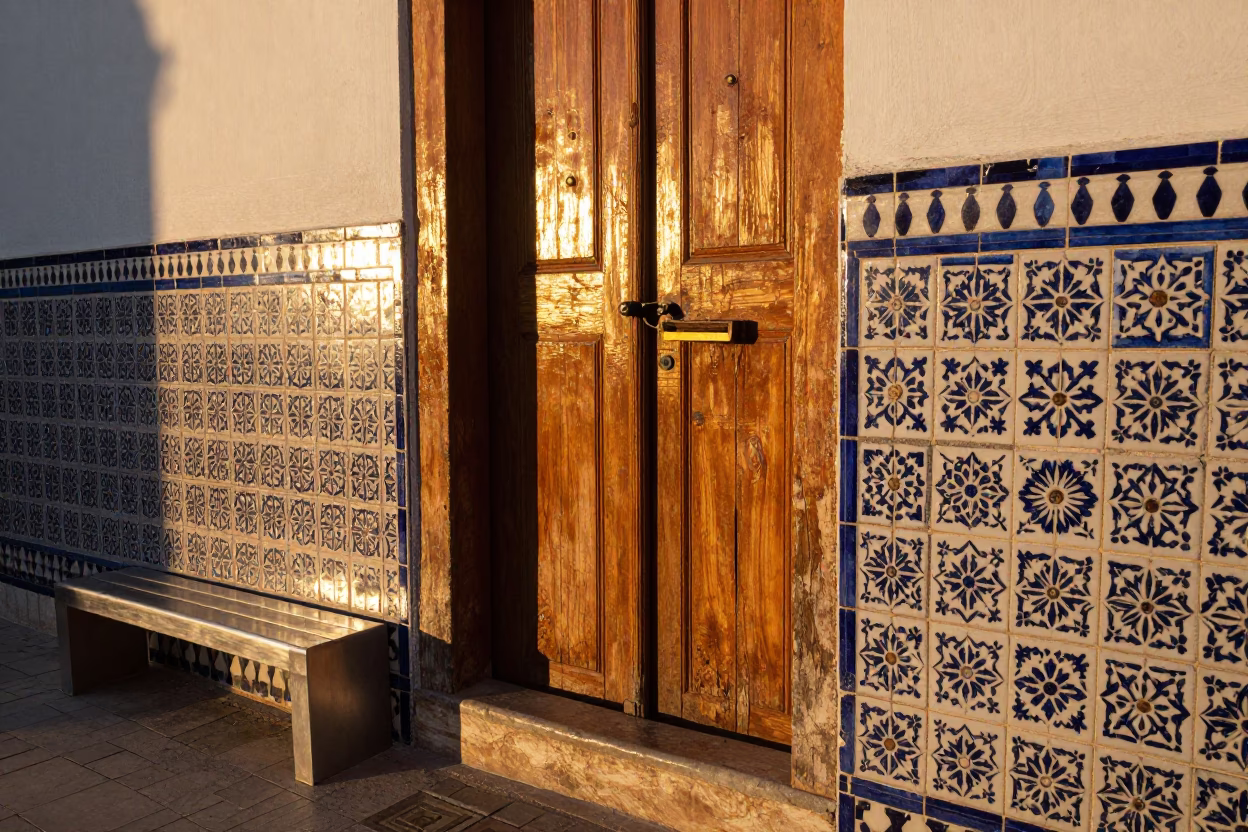 Essaouira Morocco Evening Light Ceramic Tiles Iron Deadbolt and Brushed Steel Bench in in Essaouira, Morocco