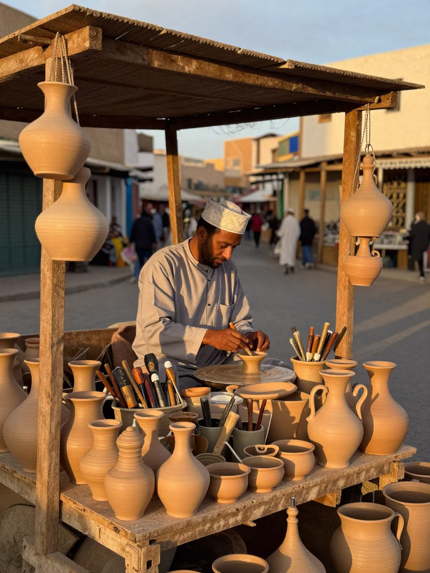 Essaouira Morocco Evening Light Traditional Pottery Stall with Hand Tools and Rust in in Essaouira, Morocco