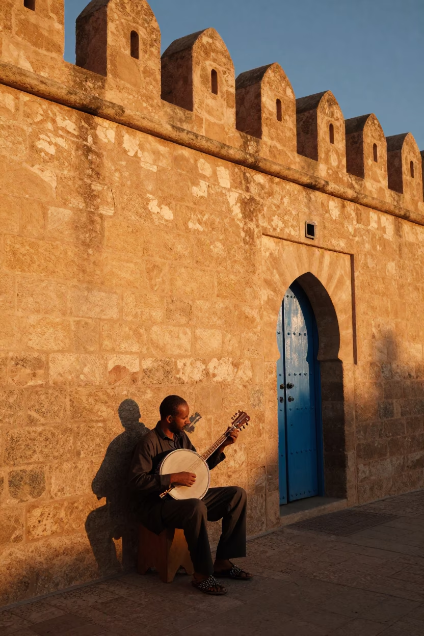 Essaouira Morocco Evening Light Wooden Banjo and Beaded Sandals on Cobblestone in in Essaouira, Morocco