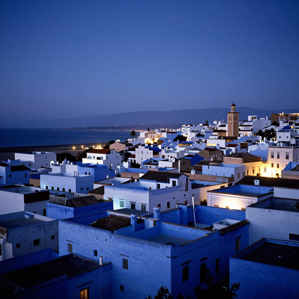 Essaouira Morocco Evening Skyline with Blue Whitewashed Walls and Coastal Harbor Lights in in Essaouira, Morocco