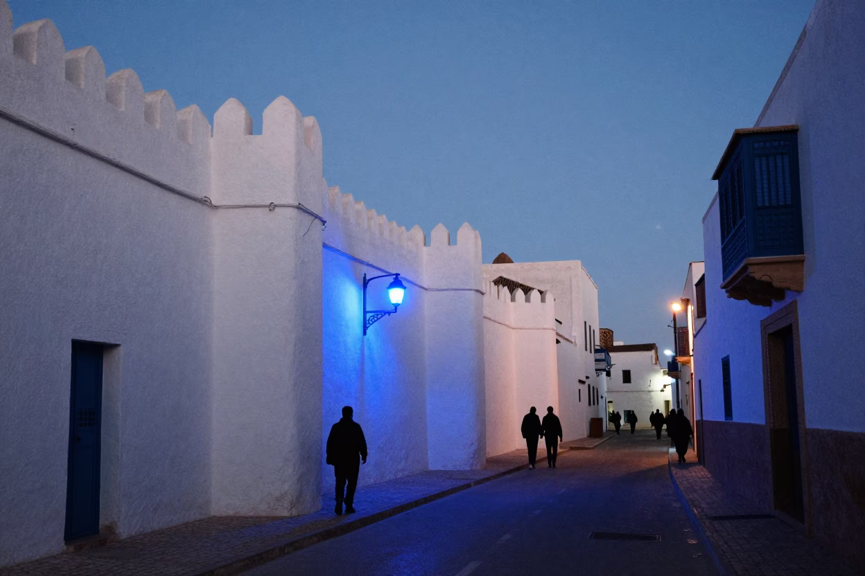 Essaouira Morocco Evening Street Scene with Blue Light and Local Market Activity in in Essaouira, Morocco