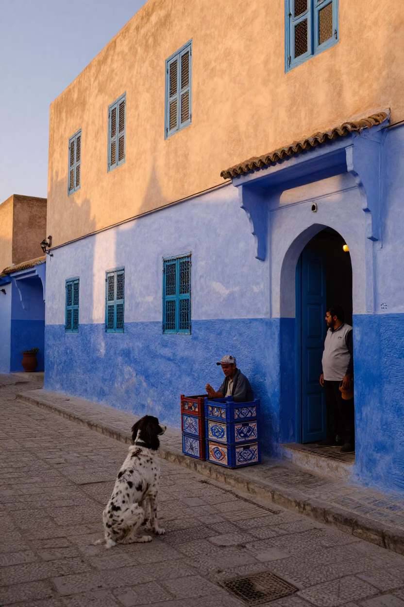 Essaouira Morocco Evening Street Scene with Blue Shutters and Local Life in in Essaouira, Morocco