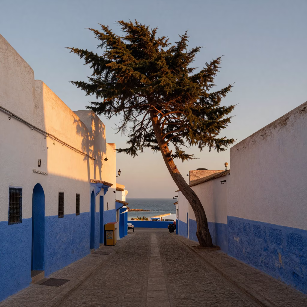 Essaouira Morocco Evening Street Scene with Cedar Tree and Coastal Wind Shadows in in Essaouira, Morocco