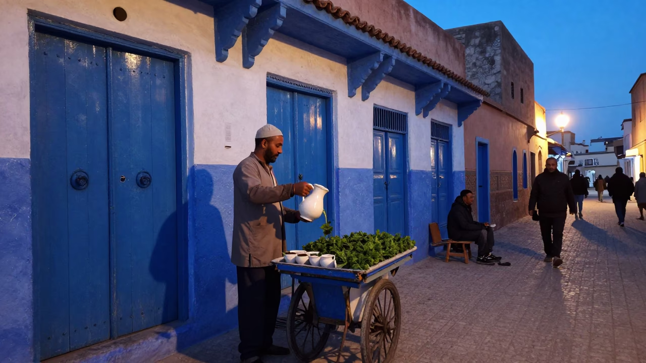 Essaouira Morocco Evening Street Scene with Ceramic Pitcher and Local Life in in Essaouira, Morocco