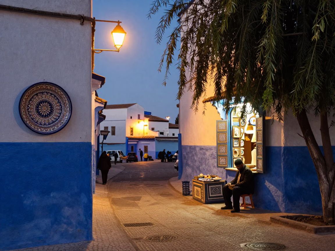 Essaouira Morocco Evening Street Scene with Ceramic Plate and Willow Basket in in Essaouira, Morocco