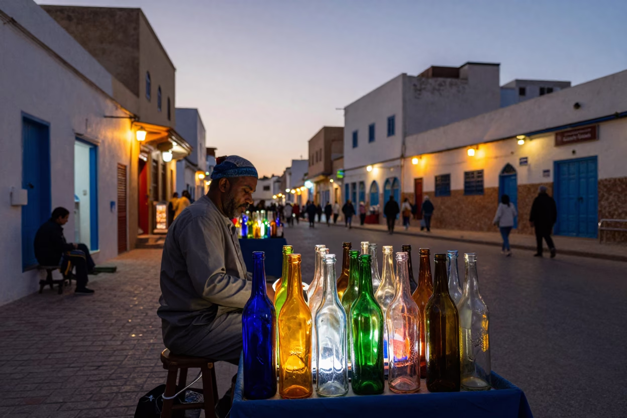 Essaouira Morocco Evening Street Scene with Colorful Glass Bottles and Traditional Architecture in in Essaouira, Morocco