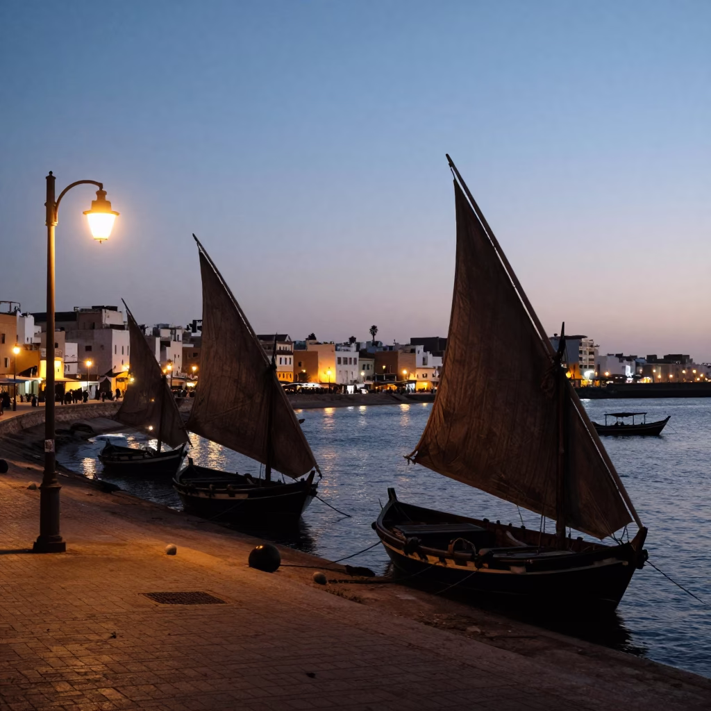 Essaouira Morocco evening street scene with dhow silhouettes and city lights in in Essaouira, Morocco