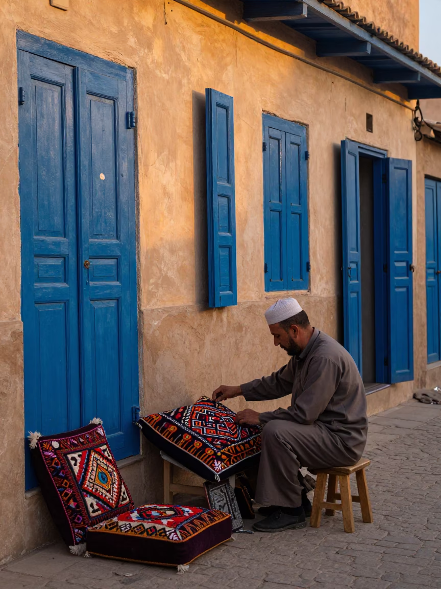 Essaouira Morocco Evening Street Scene with Embroidered Cushion and Traditional Craft in in Essaouira, Morocco