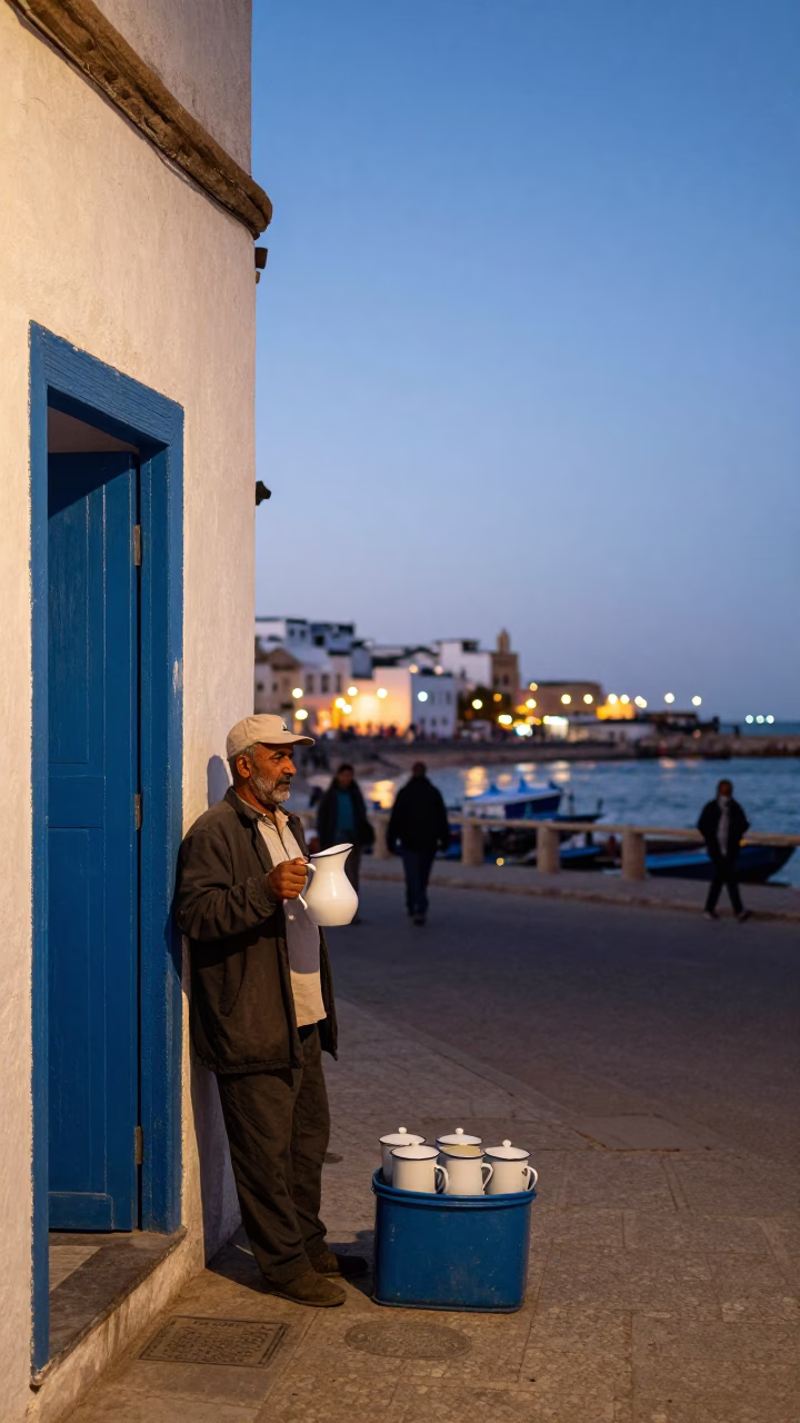 Essaouira Morocco evening street scene with enamel pitcher and harbor lights in in Essaouira, Morocco