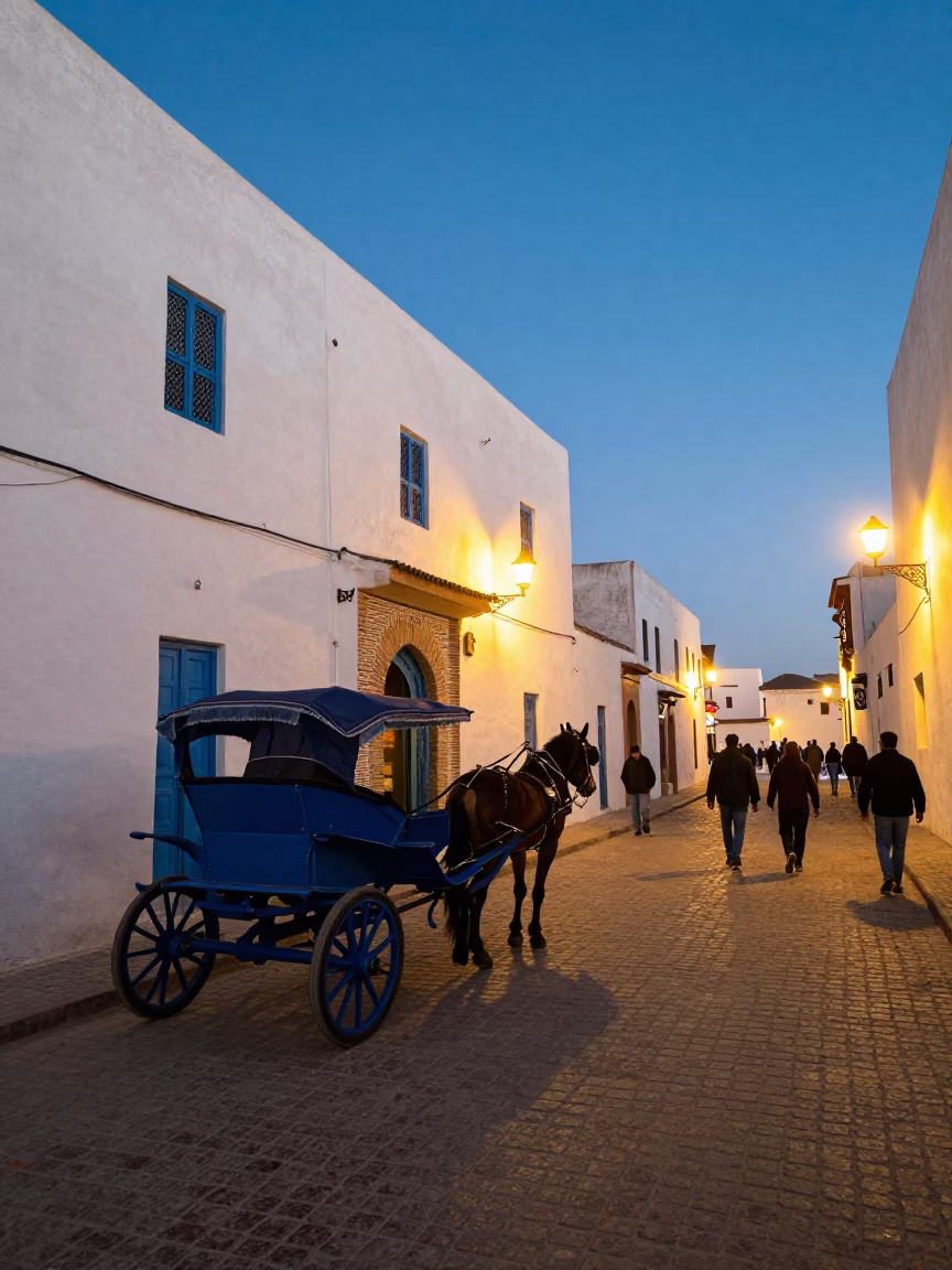 Essaouira Morocco Evening Street Scene with Horse Cart and Blue Doors in in Essaouira, Morocco
