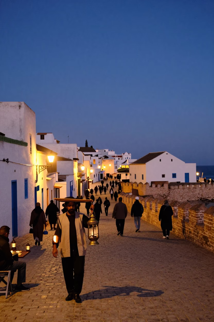 Essaouira Morocco Evening Street Scene with Lanterns and Coastal Lights in in Essaouira, Morocco