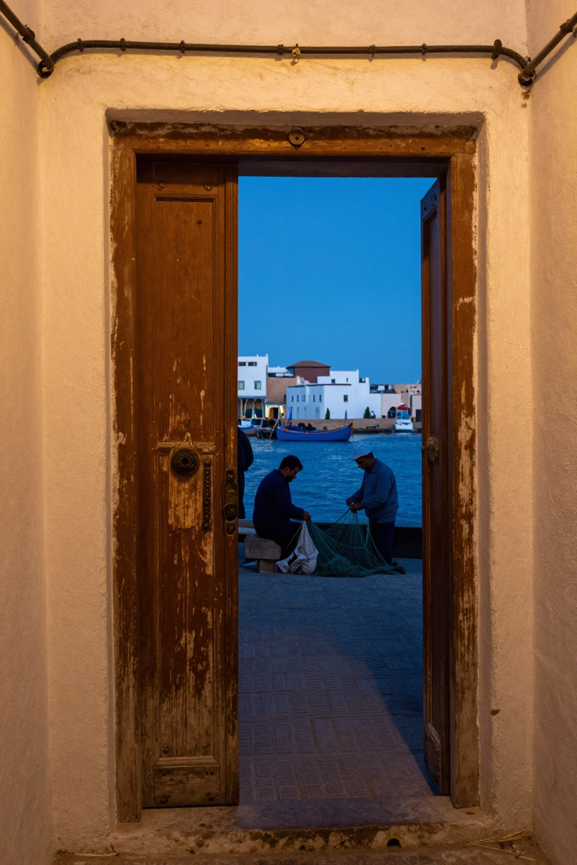 Essaouira Morocco Evening Street Scene with Latch and Harbor Details in in Essaouira, Morocco