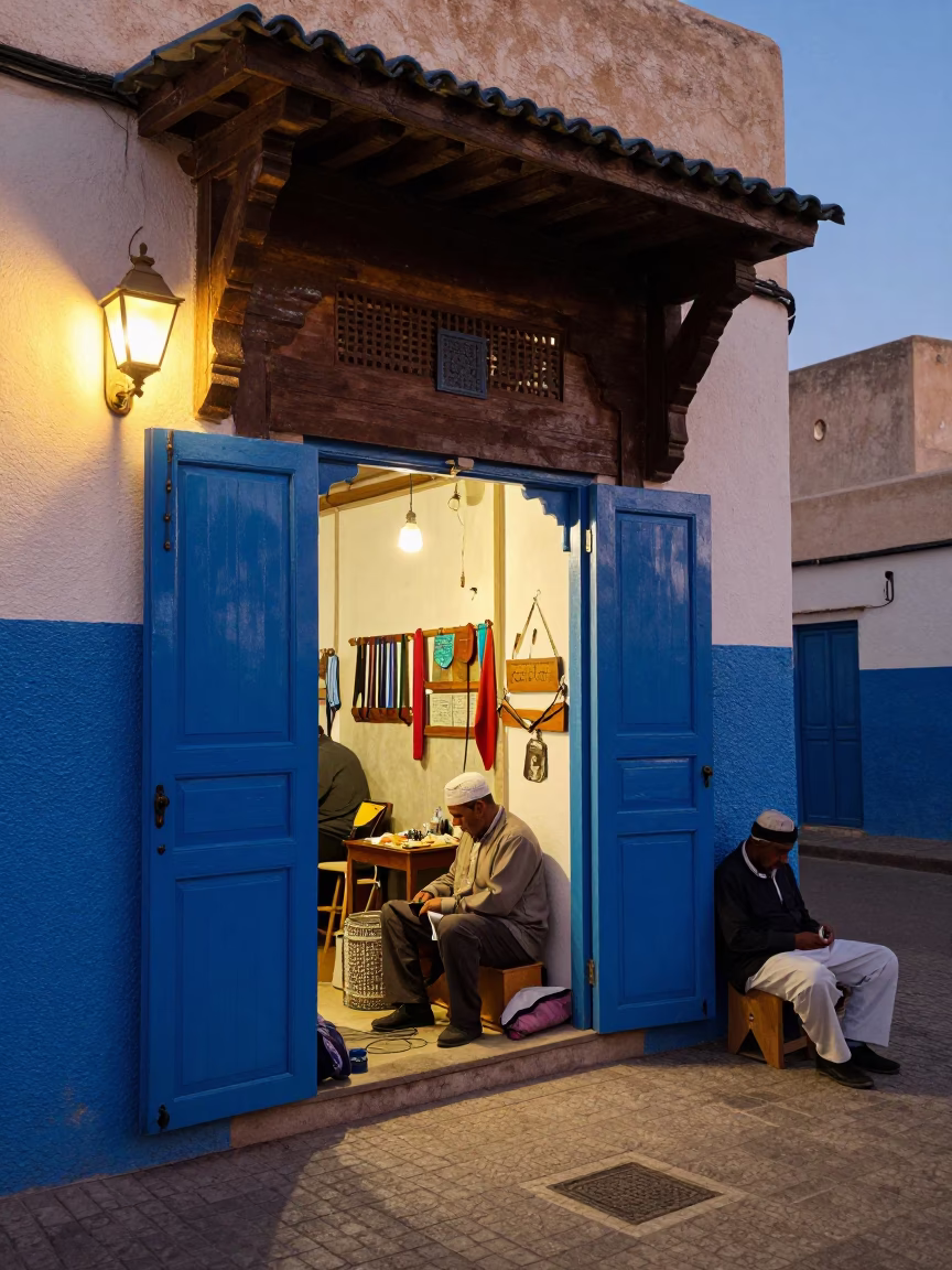 Essaouira Morocco evening street scene with local artisans and traditional architecture in in Essaouira, Morocco
