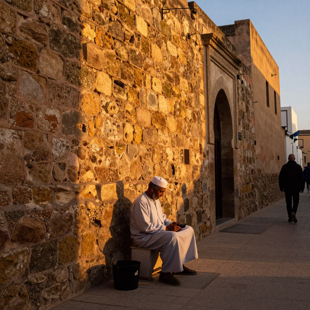 Essaouira Morocco Evening Street Scene with Mossy Stone Walls and Traditional Pottery in in Essaouira, Morocco