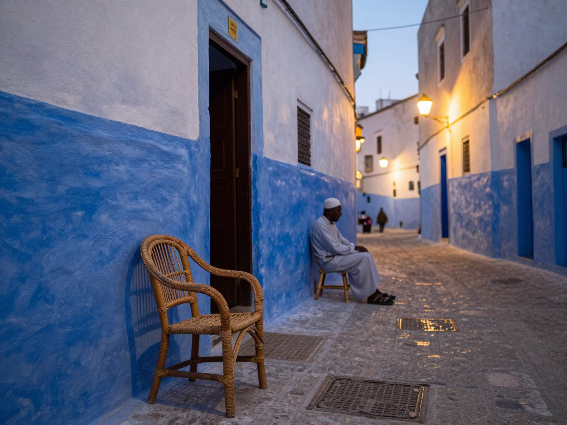 Essaouira Morocco Evening Street Scene with Rattan Chair and Local Market Activity in in Essaouira, Morocco