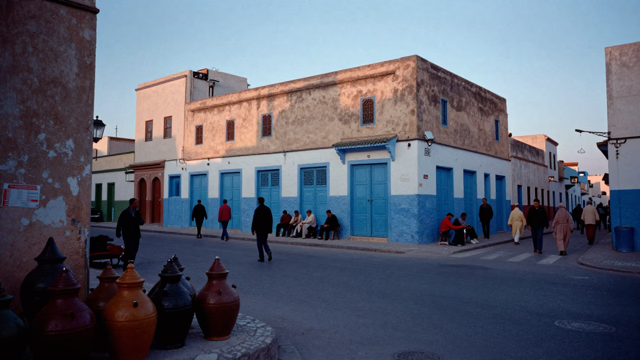 Essaouira Morocco Evening Street Scene with Spice Jars and Local Life in in Essaouira, Morocco