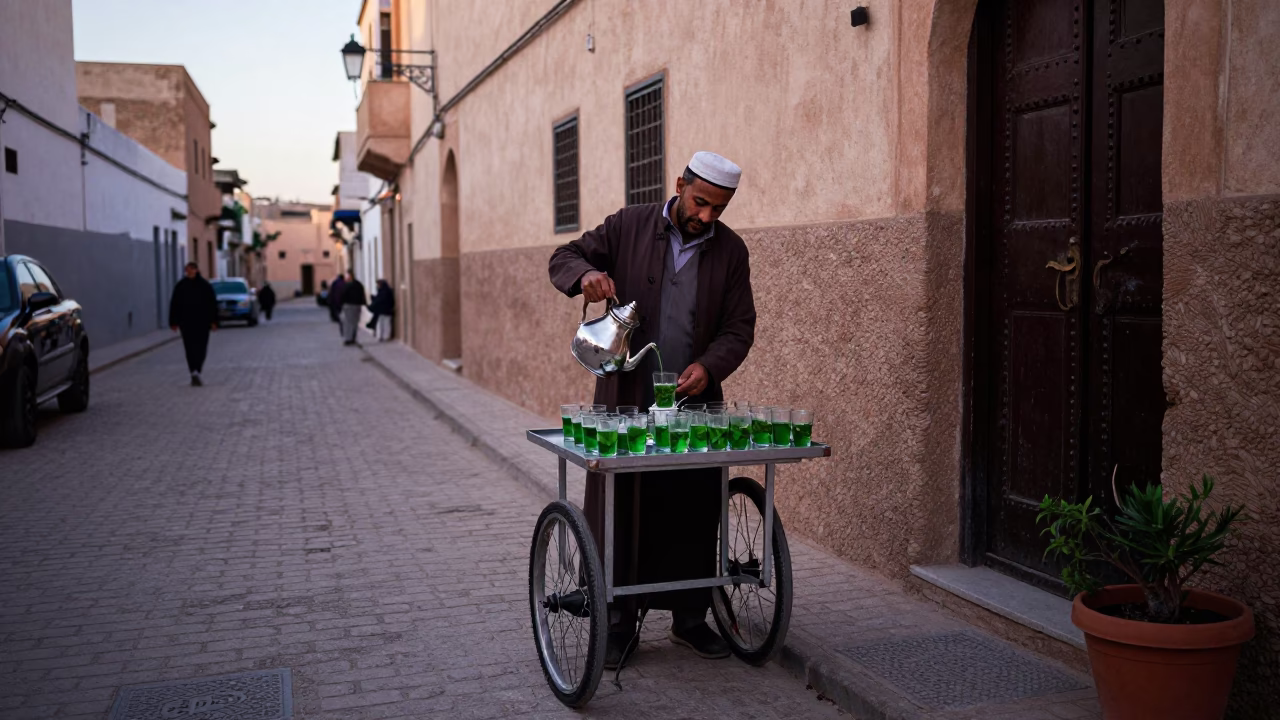 Essaouira Morocco Evening Street Scene with Tea Seller and Potted Geraniums in in Essaouira, Morocco