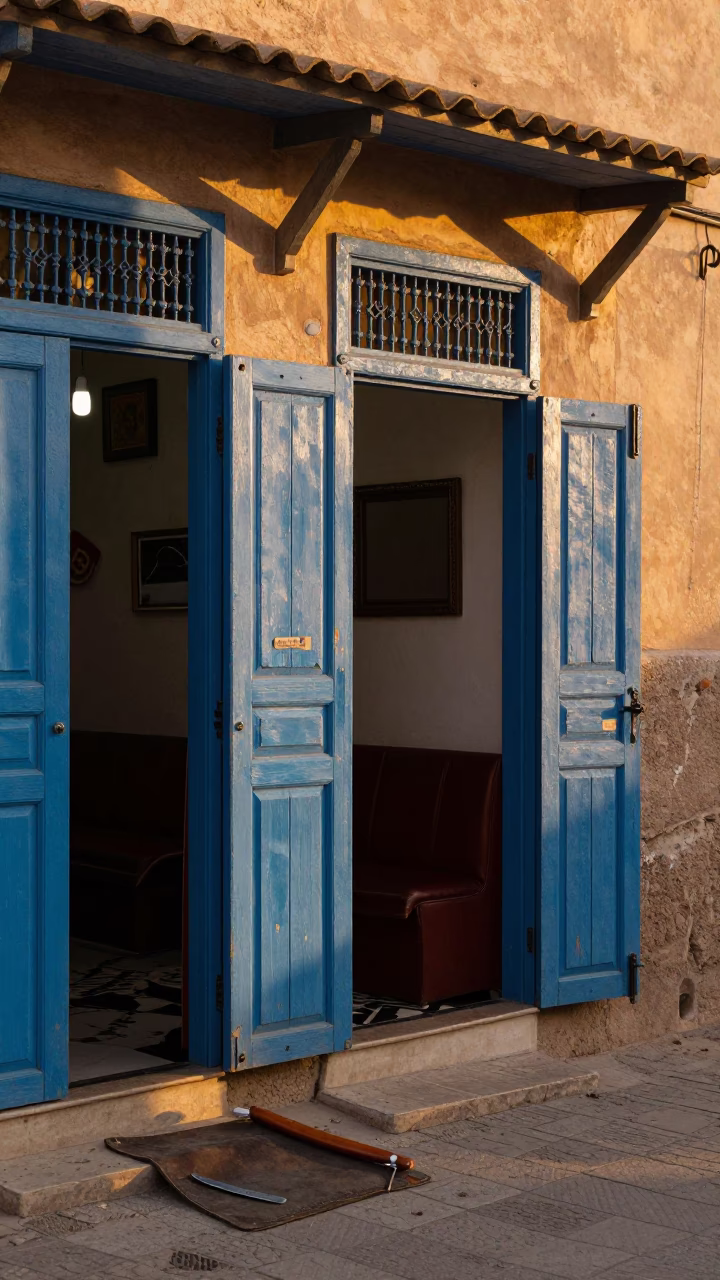Essaouira Morocco Evening Street Scene with Traditional Barbershop Tools and Coastal Life in in Essaouira, Morocco