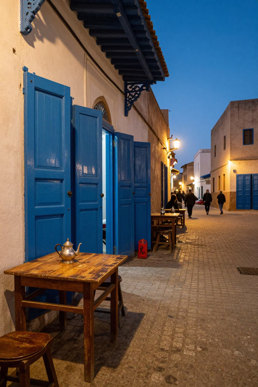Essaouira Morocco Evening Street Scene with Traditional Tea Service and Local Architecture in in Essaouira, Morocco