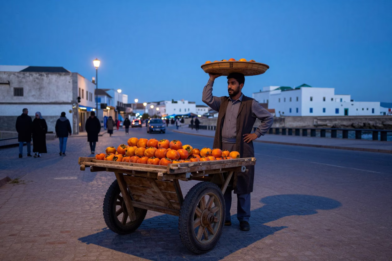 Essaouira Morocco Evening Street Scene with Wooden Tray and Persimmons in in Essaouira, Morocco