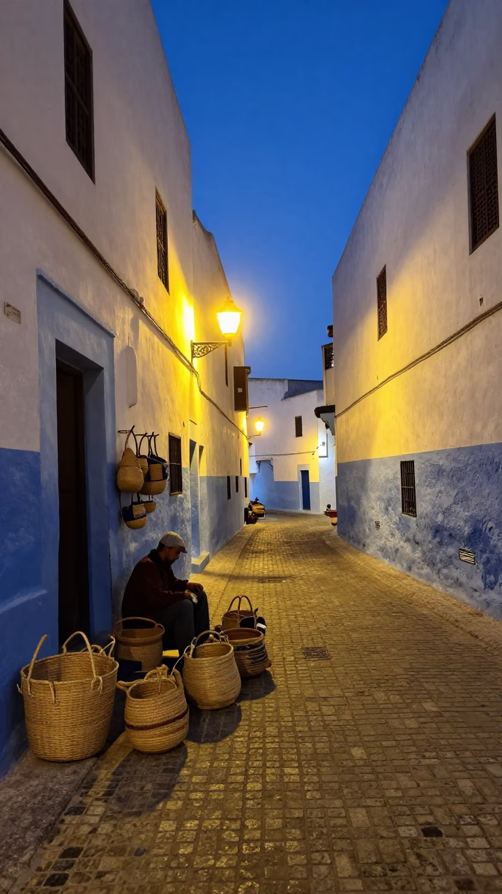 Essaouira Morocco Evening Street Scene with Woven Baskets and City Lights in in Essaouira, Morocco
