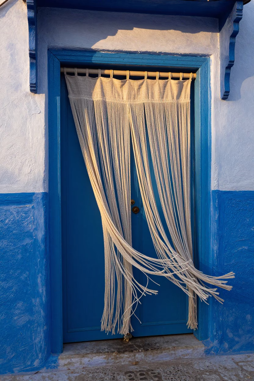 Essaouira Morocco First Light Blue Door Linen Fringe Street Scene in in Essaouira, Morocco