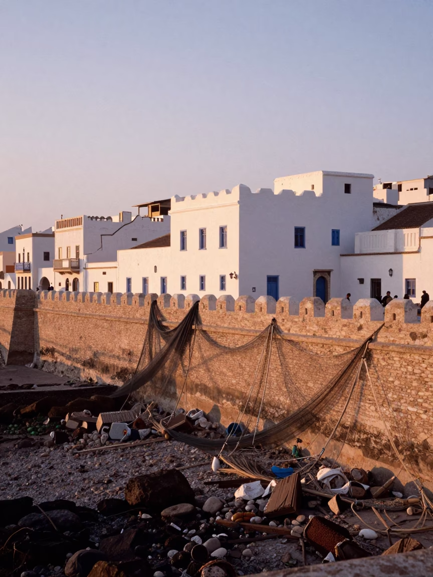 Essaouira Morocco First Light Coastal Wind and Weathered Fishing Nets at Dawn in in Essaouira, Morocco