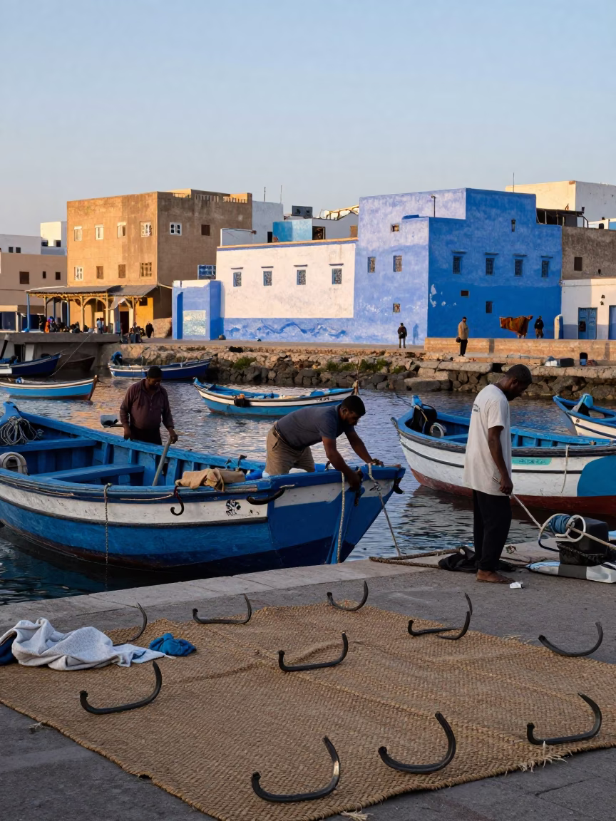 Essaouira Morocco First Light Fishing Harbor Iron Hooks Woven Mats in in Essaouira, Morocco