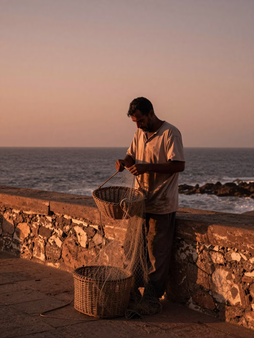 Essaouira Morocco Fisherman Mending Basket in Copper Dusk Light in in Essaouira, Morocco
