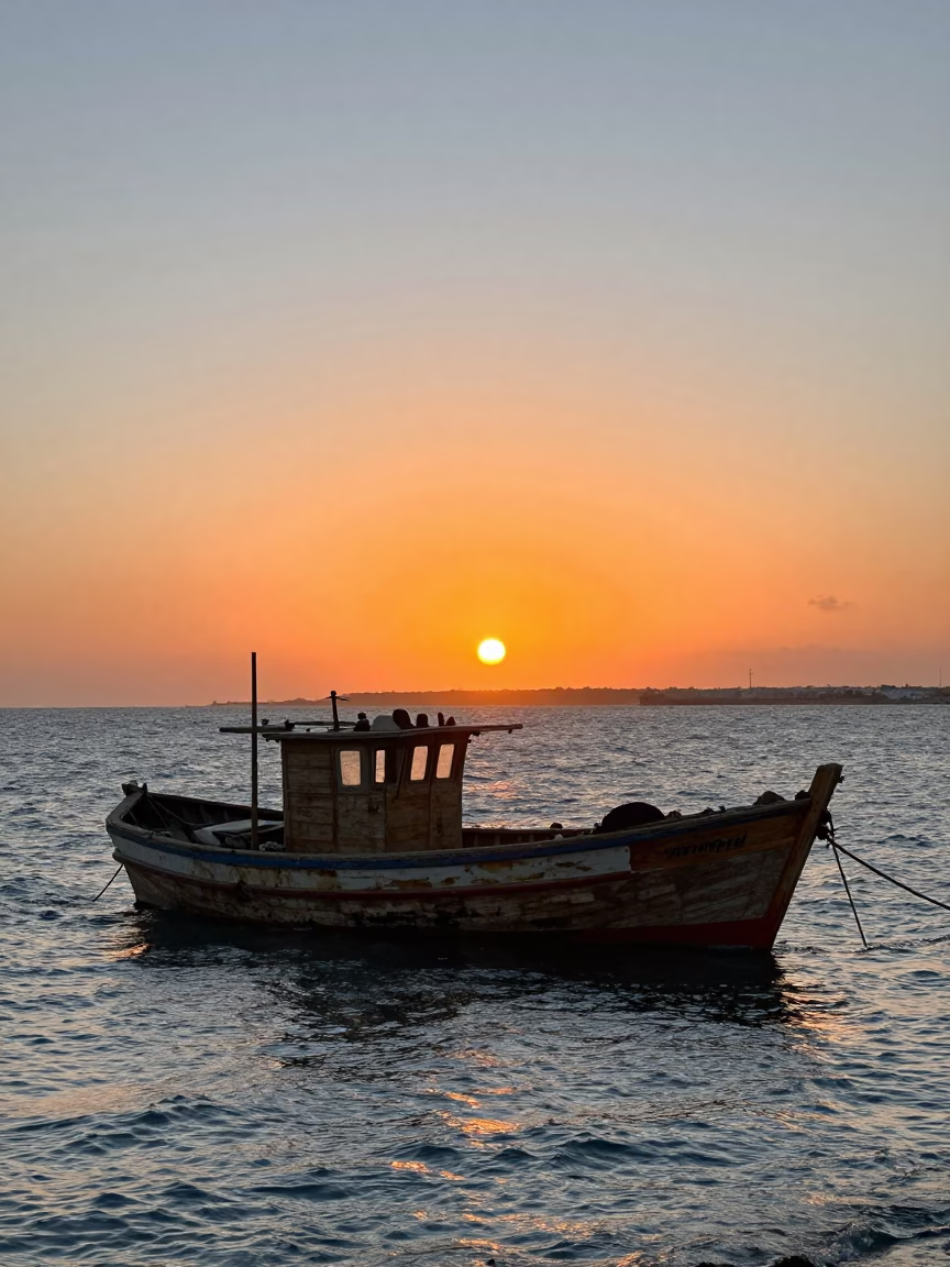 Essaouira Morocco Fishing Harbor at Sunset with Wooden Trawler and Apricots in in Essaouira, Morocco