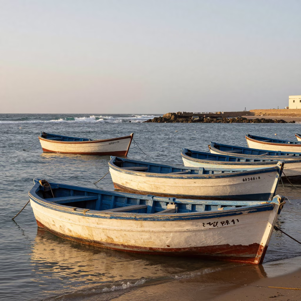 Essaouira Morocco Fishing Port Wooden Boats Anchored Golden Hour in in Essaouira, Morocco