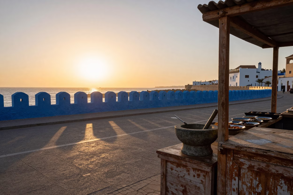 Essaouira Morocco Golden Hour Coastal Street Scene with Traditional Culinary Elements in in Essaouira, Morocco
